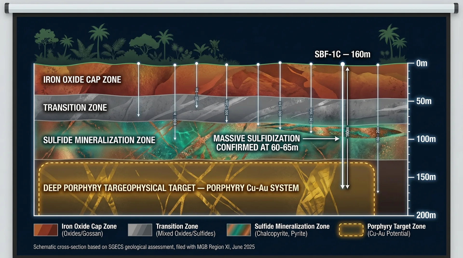 Geological cross-section — iron oxide cap, transition zone, sulfide zone, porphyry target with 8 core samples